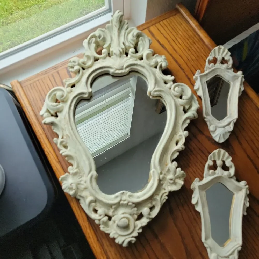 Vtg Set of 3 Italian Country Accent Wall Mirrors Whitewash Wood Scrolls READ - Picture 2 of 8